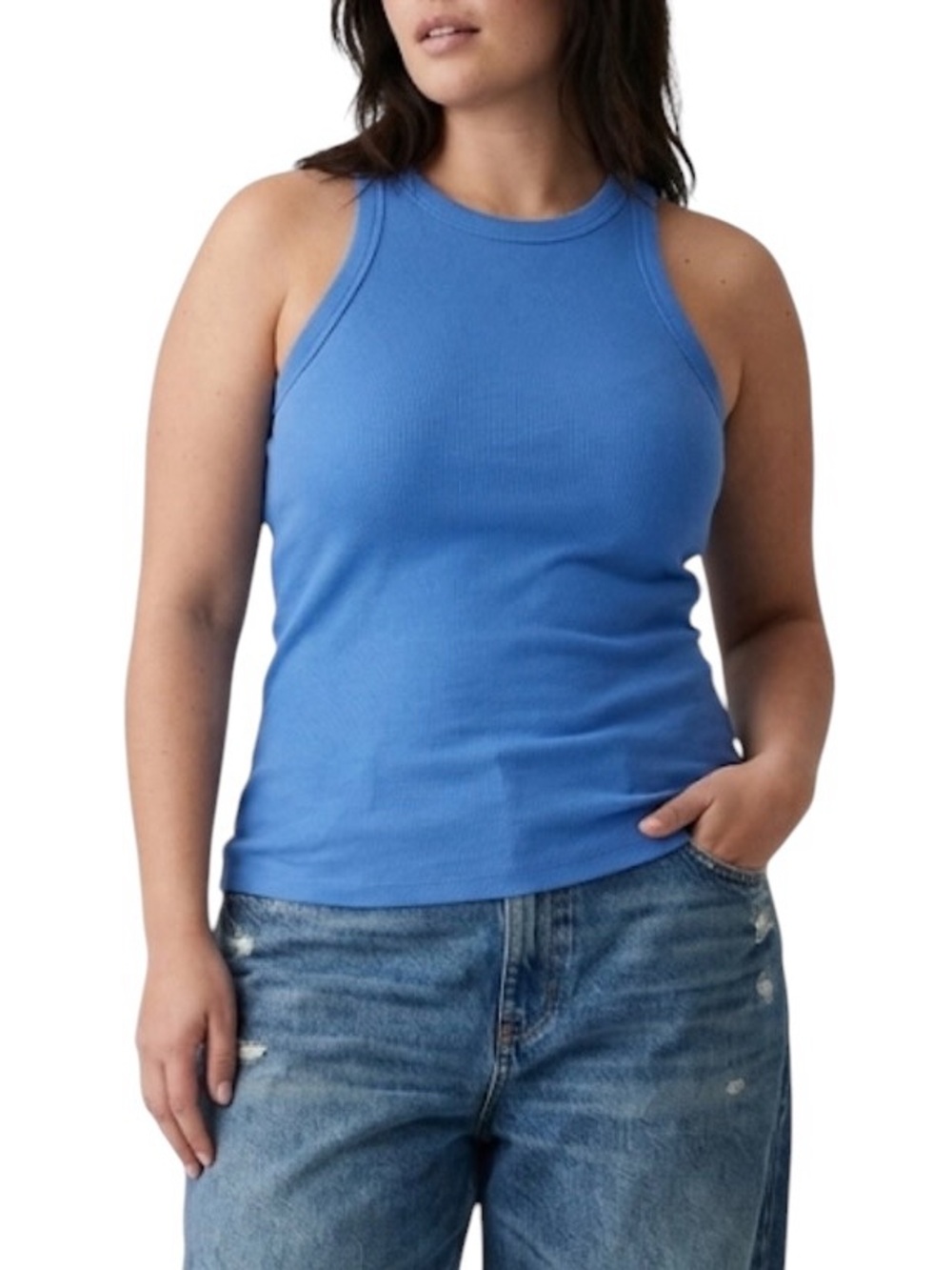 Womenβs Blue Ribbed High-Neck Tank Top Size XL Casual Basic Fitted Halter